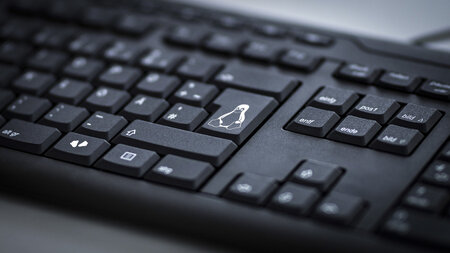 Blick auf eine PC-Tastatur，eine Taste is mit einem Pinguin-Symbol vershen（请点击PC-Tastartur）。
