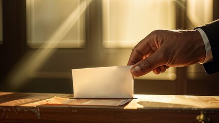 In eine Wahlurne wird ein Stck Papier gesteckt.