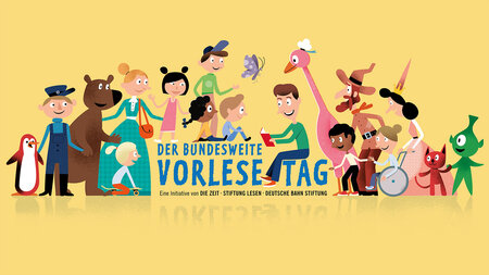 Zeichnung zeigt Kinder und Tiere, die einem vorlesenden Mann, zuhören.