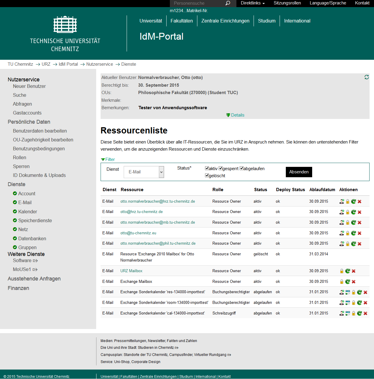 Screenshot Ressourcenliste IdM-Portal