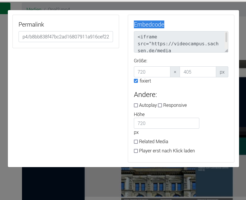 Dialogfenster im VCS mit Direktlink und Embedcode eines geteilten Videos