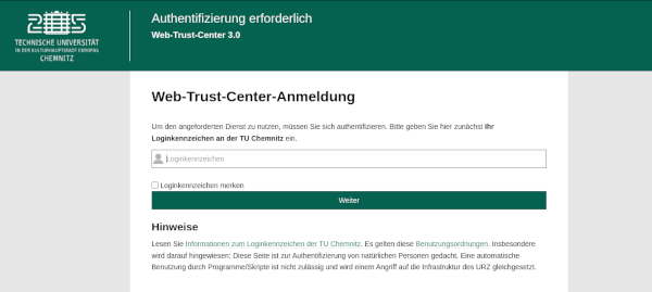 Screenshot des zentralen Anmelde-Dienstes Web-Trust-Center