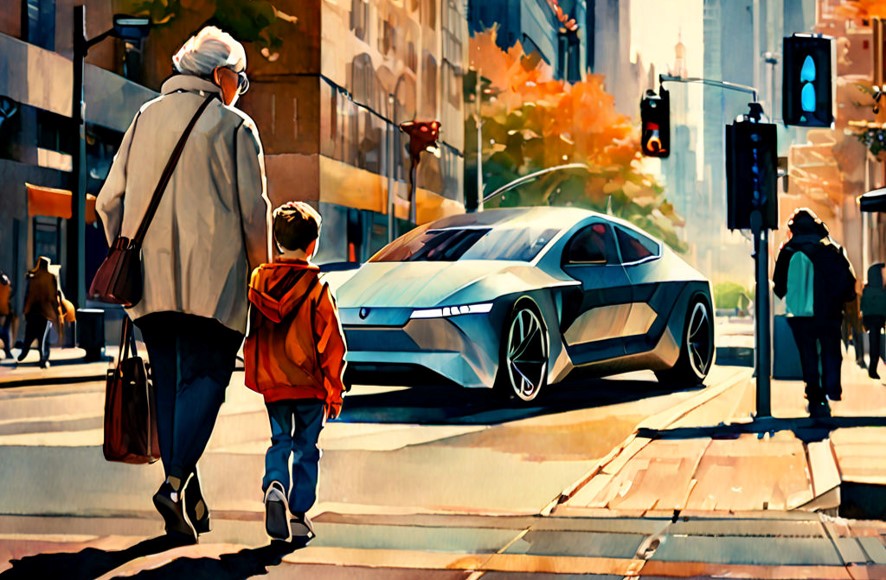 Bild auf dem eine Oma und ein Junge mit einem automatisierten Fahrzeug interagieren