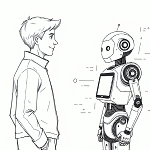 AI generated image showing a person talking to a human-like robot.