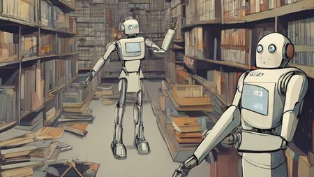 Zwei Roboter stehen zwischen Regalen mit Akten und Büchern.