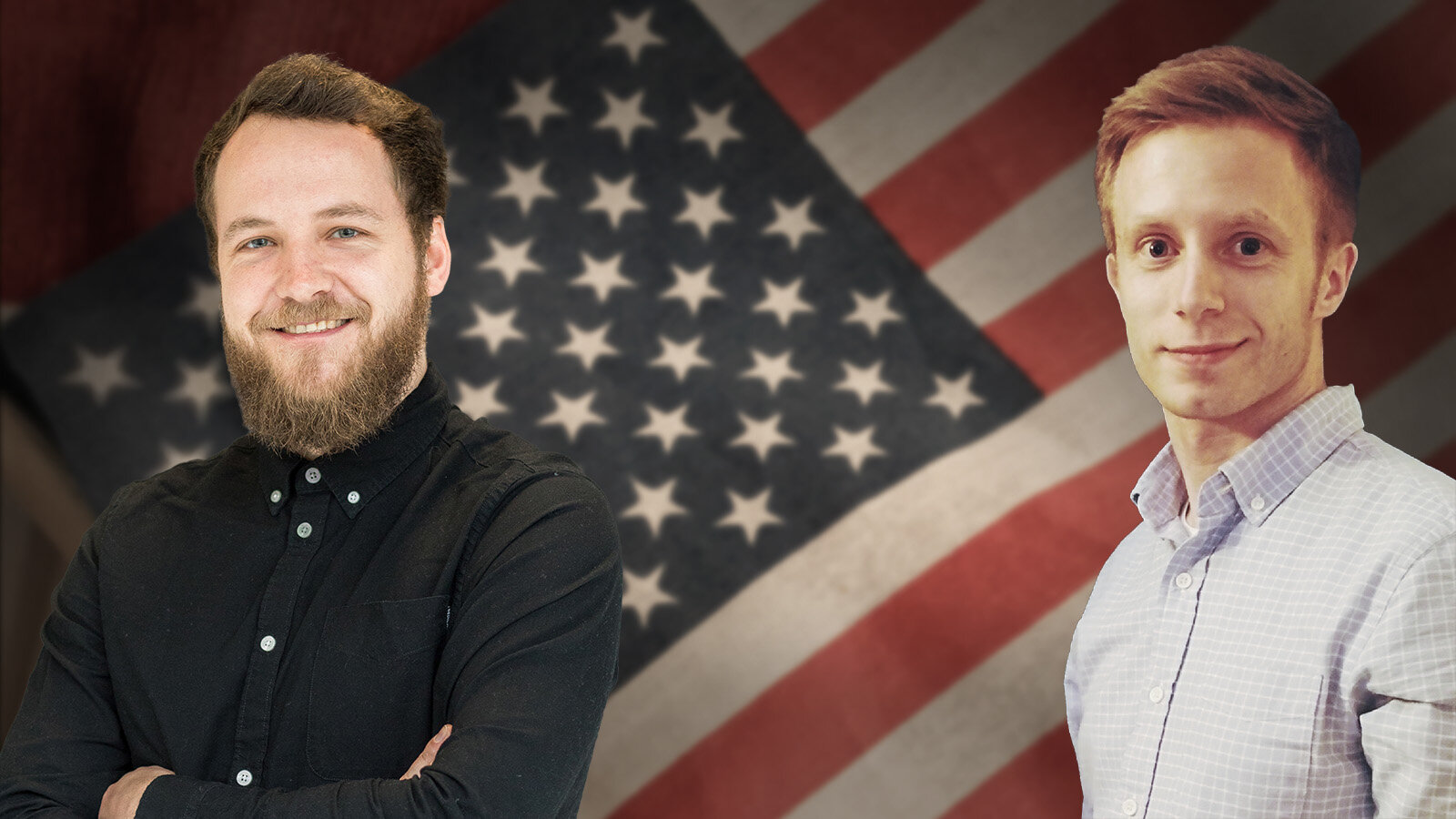 zwei Männer stehen auf dem Hintergrund der amerikanischen Flagge