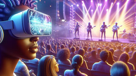 Blick in einen virtuellen Konzertsaal, in dem das sitzende Publikum auf eine Bühne blickt, auf der eine Band spielt.