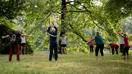 Mehrere ltere Personen stehen in einem Park im Kreis und machen Dehnungsbungen.