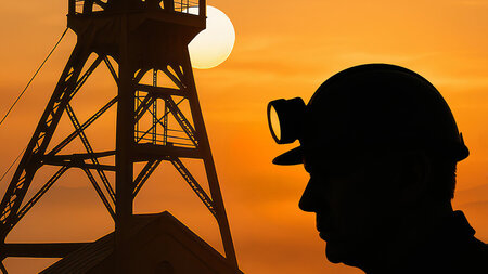Ein Mann mit Helm steht vor einem Förderturm im Sonnenuntergang.