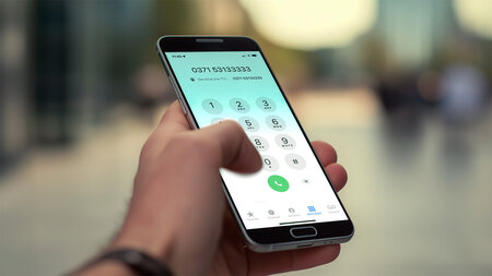 In einer Hand liegt ein Smartphone, auf dessen Display eine Telefonnummer angezeigt wird.