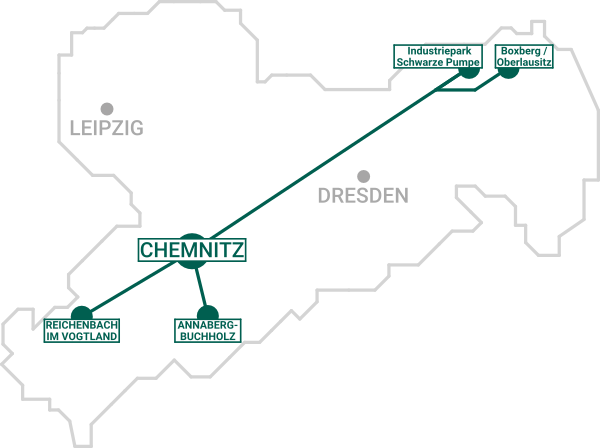 Sachsenkarte mit gekennzeichneten Außenstandorten