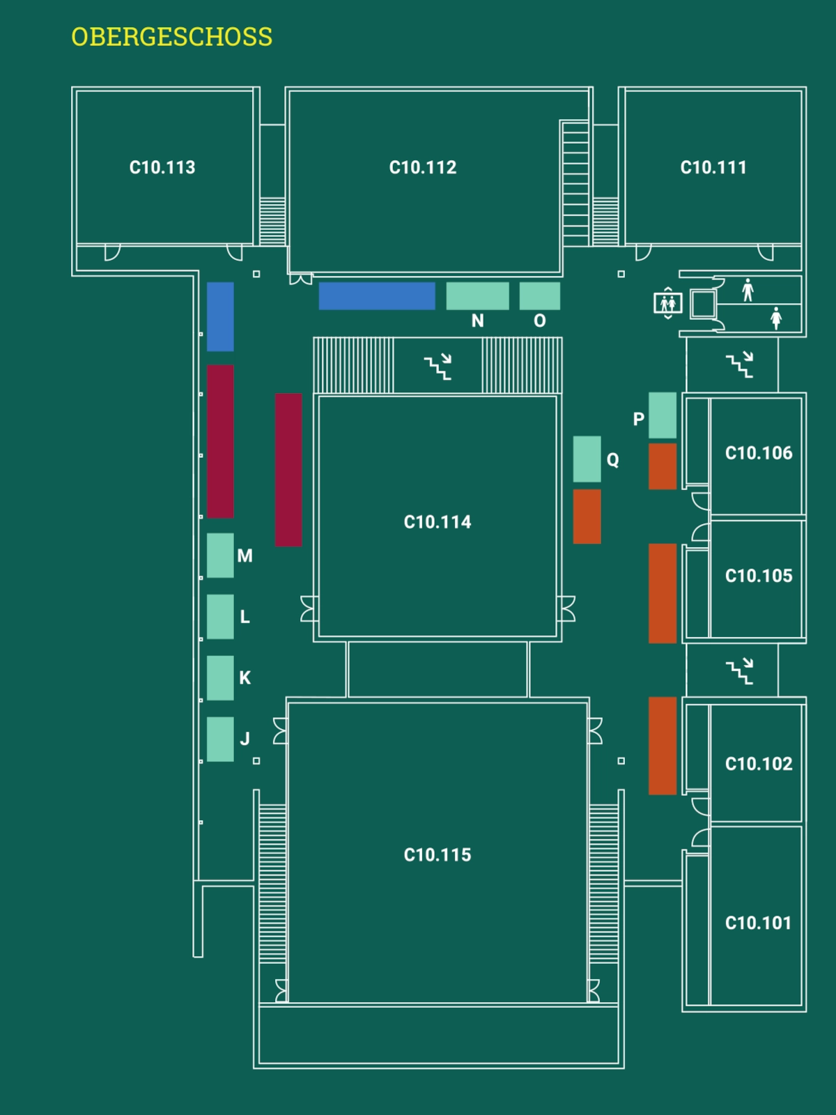 Eine 2D-Karte des Obergeschoss des Veranstaltungsgebäude zum Tag der offenen Tür in der Reichenhainer Straße 90 mit Lage der Vortragsräume C10.101 bis C10.115