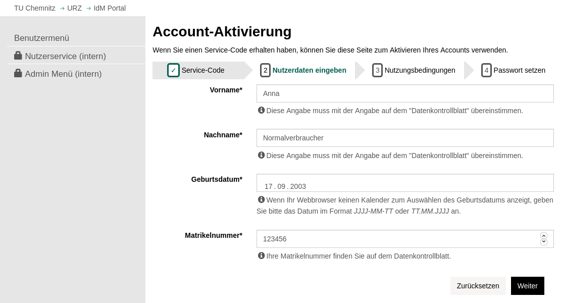 second activation step: entering user data