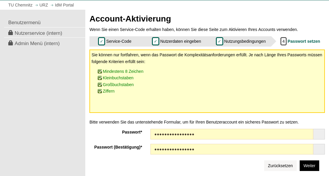 vierter schritt der Account-Aktivierung, Passwort festlegen