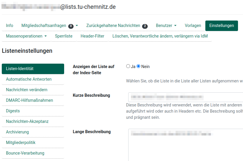 Listeneinstellungen in Mailman3