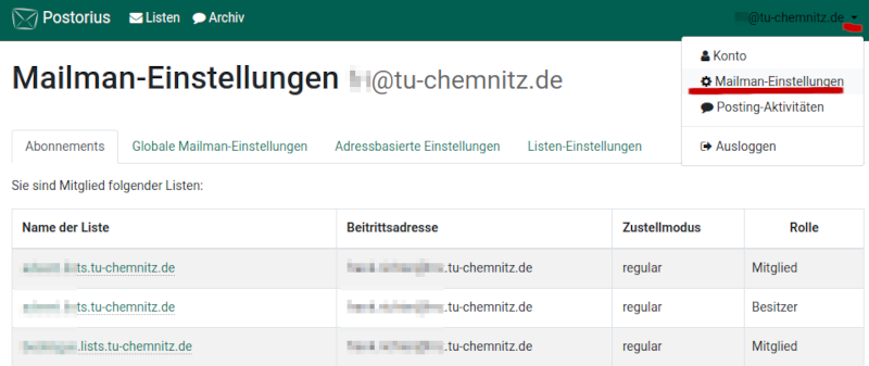 Übersicht über Mailing-Listen in Mailman3