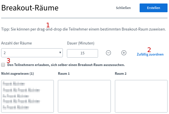 Menü zum Anlegen von Breakout-Räumen